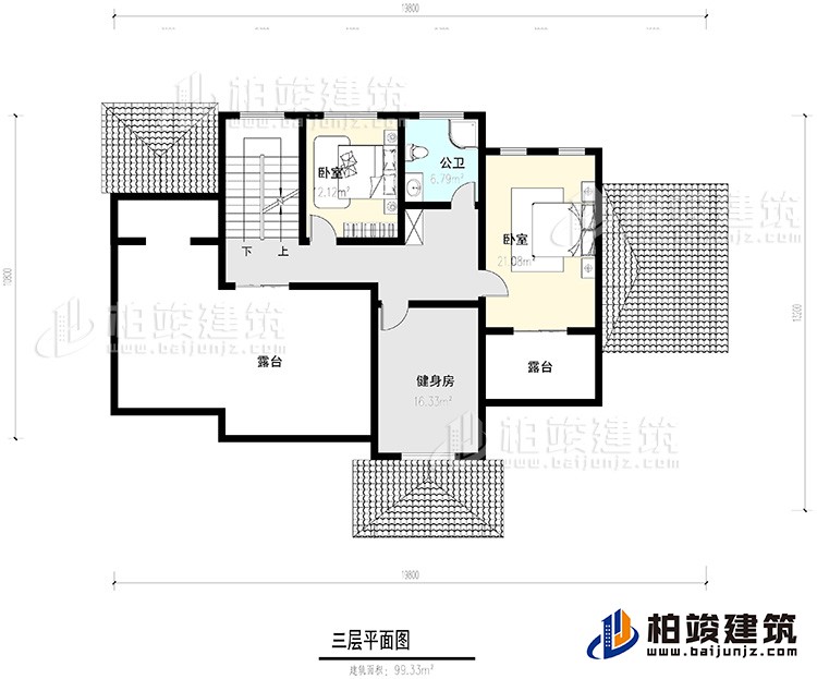 三層：2臥室，公衛(wèi)，健身房，2露臺。