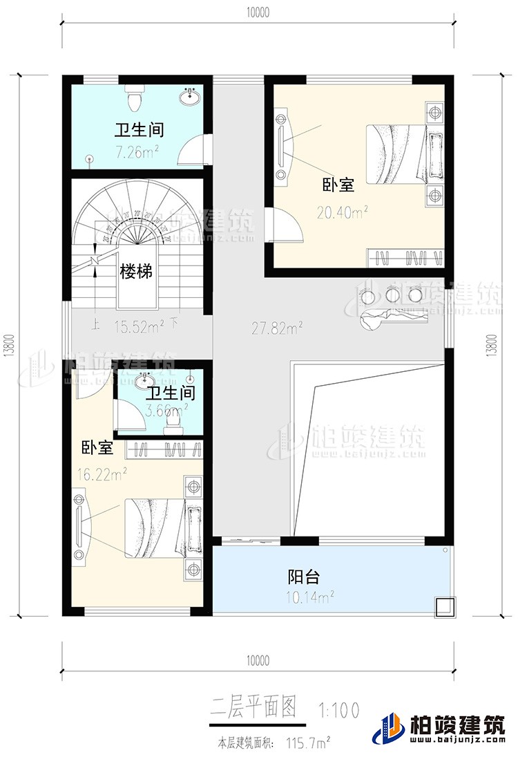 二層：2臥室，內(nèi)衛(wèi)，公衛(wèi)，樓梯，陽臺