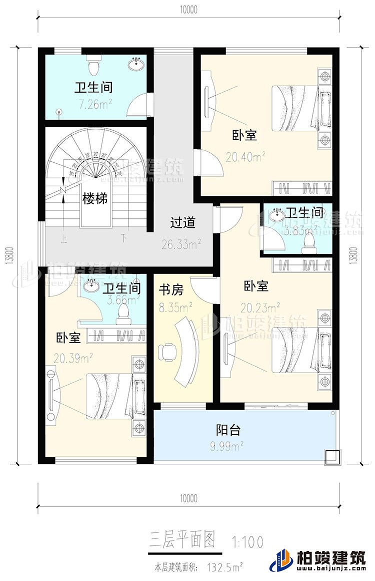 三層：3臥室，2內(nèi)衛(wèi)，公衛(wèi)，樓梯，書房，陽臺