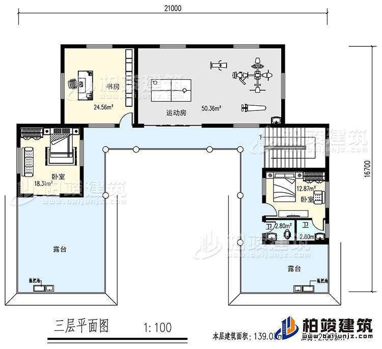 三層：書房，運(yùn)動(dòng)房，2臥室，2衛(wèi)生間，露臺(tái)