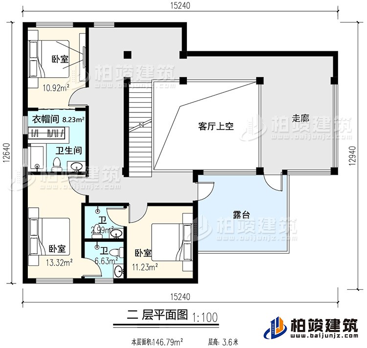 二層：3臥室，內(nèi)衛(wèi)，公衛(wèi)，起居室，樓梯，陽臺，露臺，書房