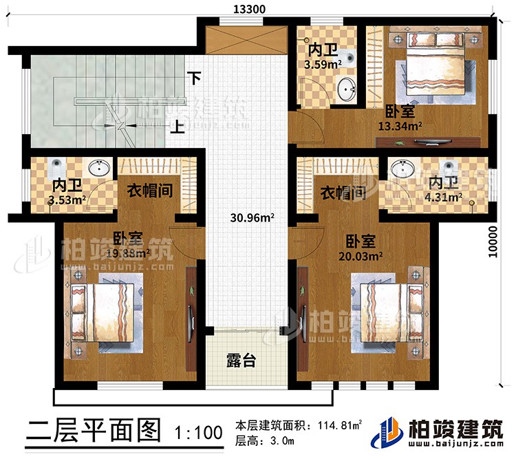 二層：3臥室、2衣帽間、3內(nèi)衛(wèi)、露臺