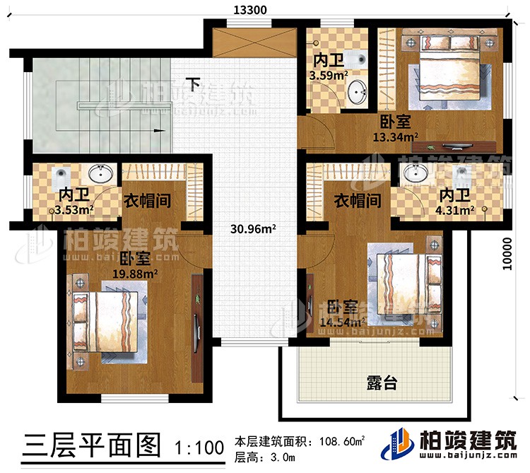 三層：3臥室、2衣帽間、3內(nèi)衛(wèi)、露臺