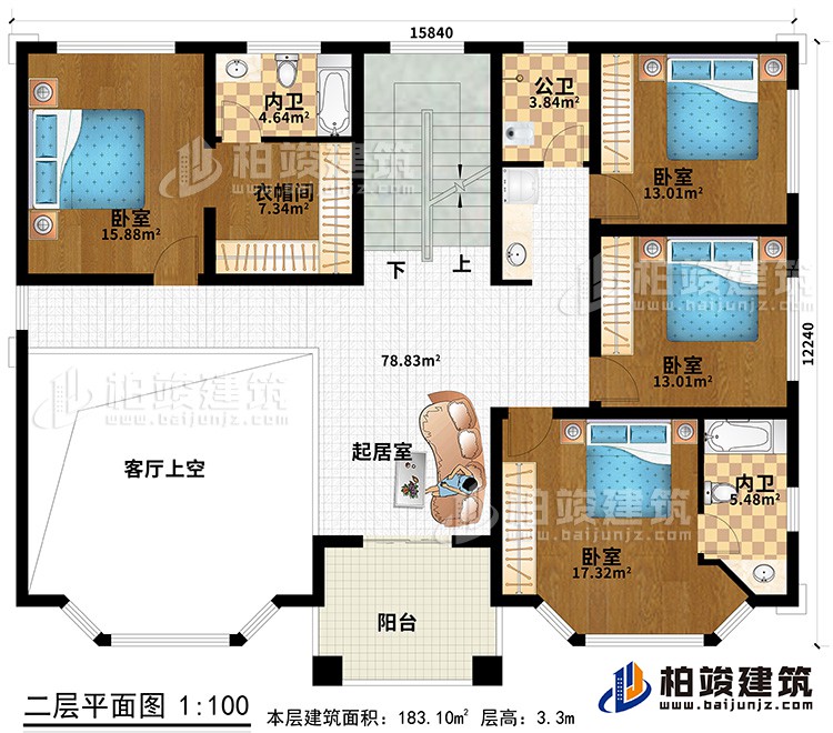 二層：4臥室、衣帽間、2內(nèi)衛(wèi)、公衛(wèi)、起居室、陽臺(tái)、客廳上空