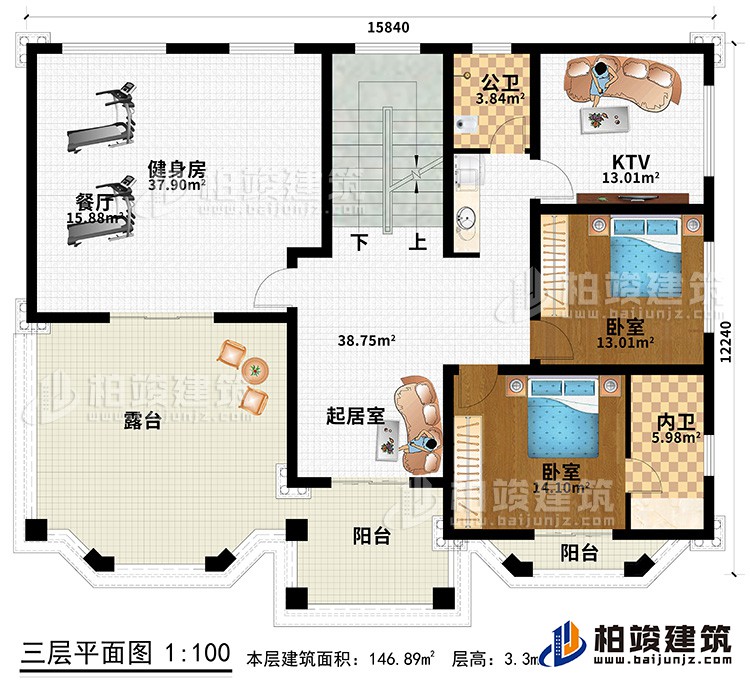 三層：健身房、起居室、2臥室、KTV、公衛(wèi)、內(nèi)衛(wèi)、露臺(tái)、2陽臺(tái)