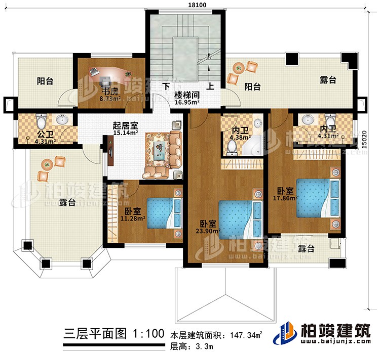 三層：3臥室、2內(nèi)衛(wèi)、公衛(wèi)、書(shū)房、樓梯間、2陽(yáng)臺(tái)、3露臺(tái)、起居室