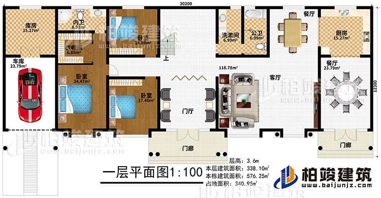 一層：2門(mén)廊、門(mén)廳、客廳、2餐廳、廚房、公衛(wèi)、洗漱間、3臥室、衣帽間、內(nèi)衛(wèi)、庫(kù)房、車庫(kù)