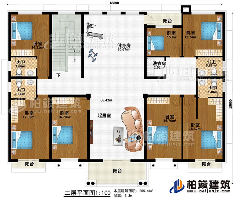 二層：7臥室、起居室、健身房、3內(nèi)衛(wèi)、公衛(wèi)、洗衣房、4陽(yáng)臺(tái)