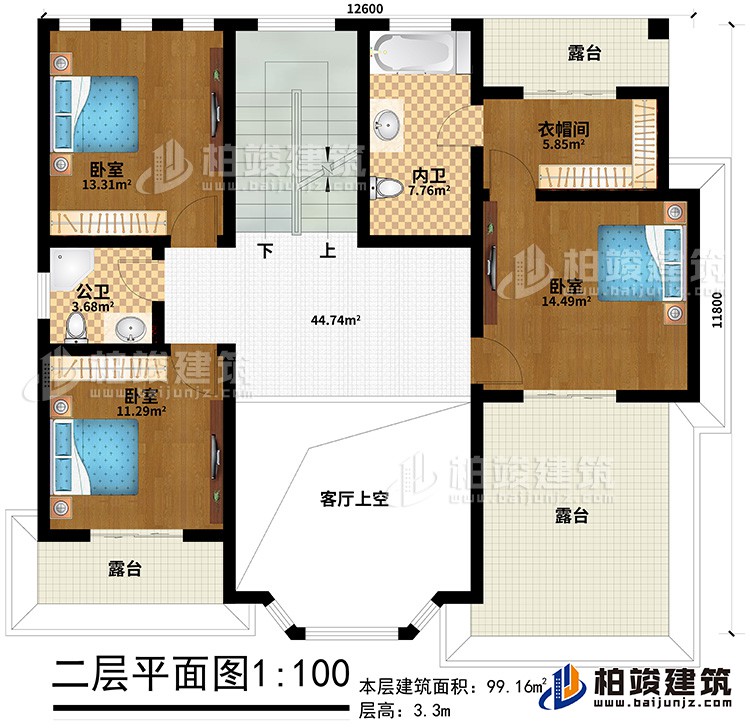 二層：3臥室，衣帽間、公衛(wèi)、內(nèi)衛(wèi)、3露臺、客廳上空