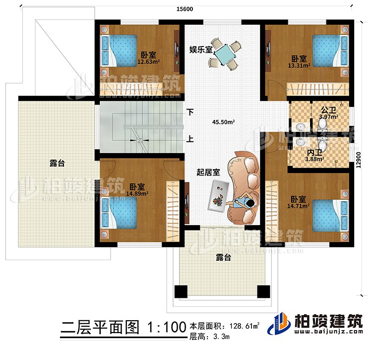 二層：4臥室，內(nèi)衛(wèi)，公衛(wèi)，起居室，樓梯，棋牌室，2露臺