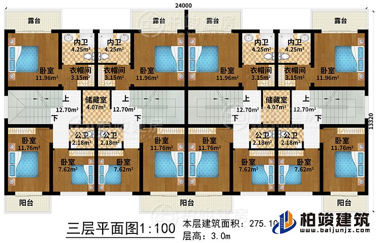 三層：12臥室、4公衛(wèi)、4內(nèi)衛(wèi)、2儲藏室、4衣帽間、3陽臺、4露臺