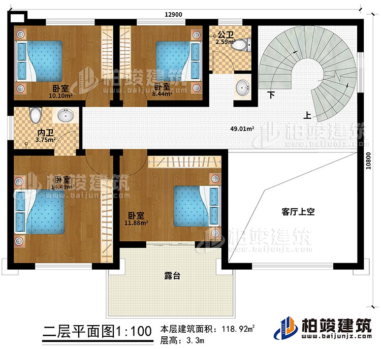 二層：4臥室、公衛(wèi)、內(nèi)衛(wèi)、客廳上空、露臺