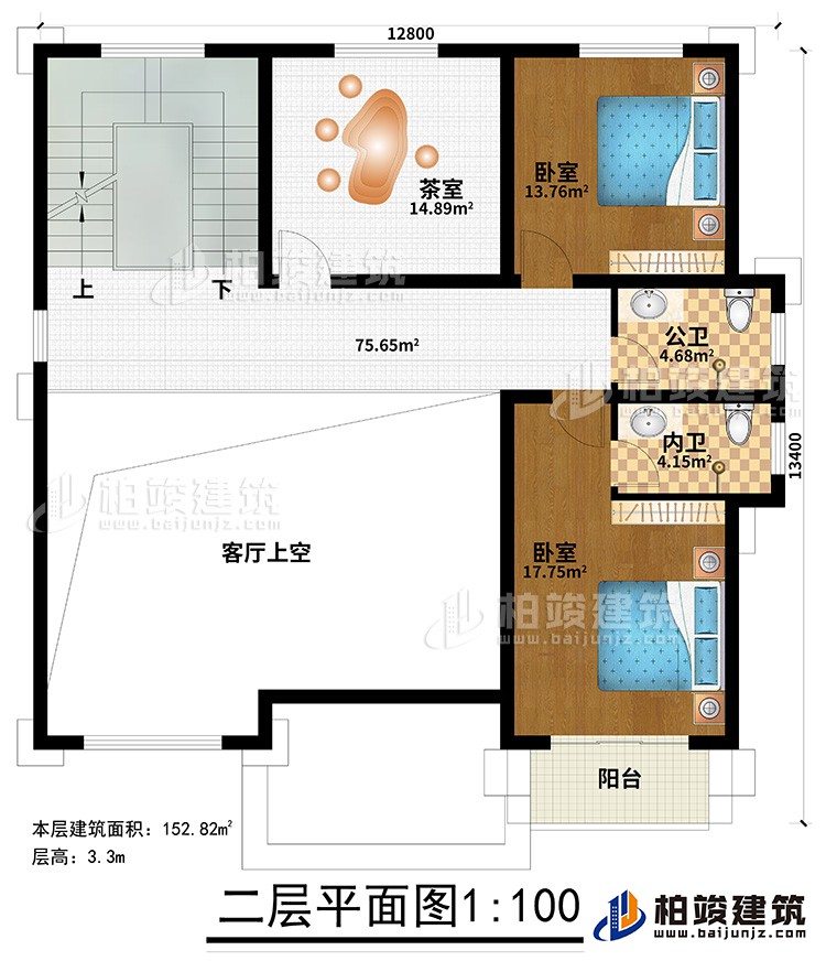 二層：2臥室，茶室，2衛(wèi)生間，陽(yáng)臺(tái)