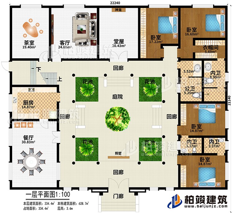 一層：門廊、4回廊、4花池、庭院、廚房、餐廳 、茶室、客廳、堂屋、神龕、照壁、4臥室、衣帽間、公衛(wèi)、3內(nèi)衛(wèi)