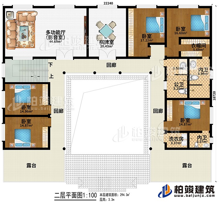 二層：多功能廳（影音室）、棋牌室、5臥室、衣帽間、公衛(wèi)、2內(nèi)衛(wèi)、洗衣房、3回廊、2露臺