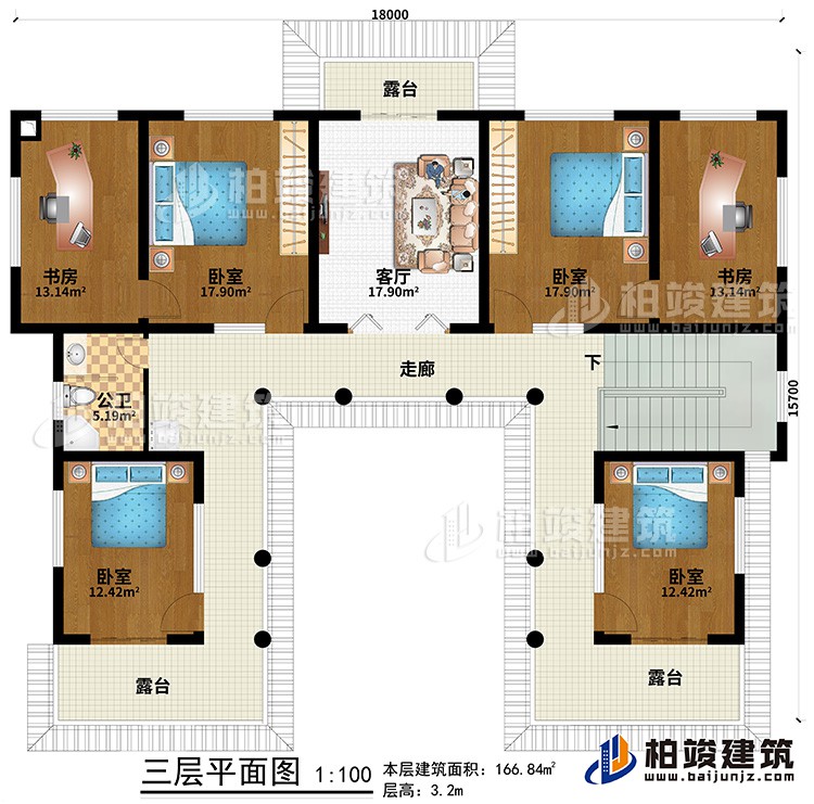 三層：走廊、3臥室、2書房、客廳、3露臺(tái)、公衛(wèi)