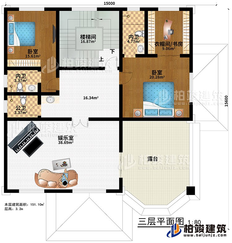 三層：樓梯間、娛樂(lè)室、2臥室、衣帽間/書(shū)房、2內(nèi)衛(wèi)、公衛(wèi)、露臺(tái)