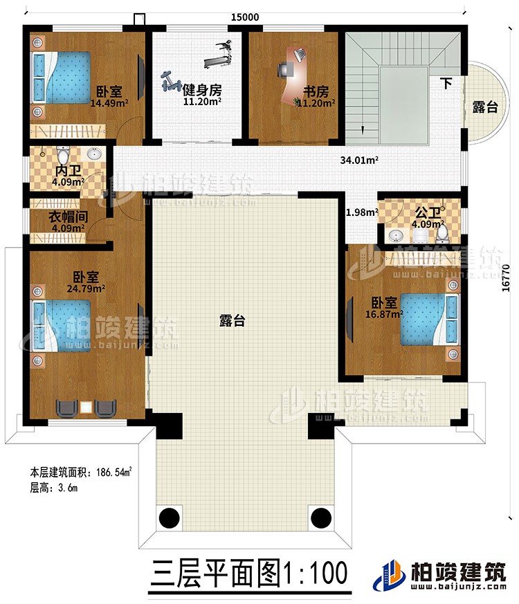 三層：3臥室、健身房、衣帽間、內(nèi)衛(wèi)、公衛(wèi)、健身房、書房、2露臺