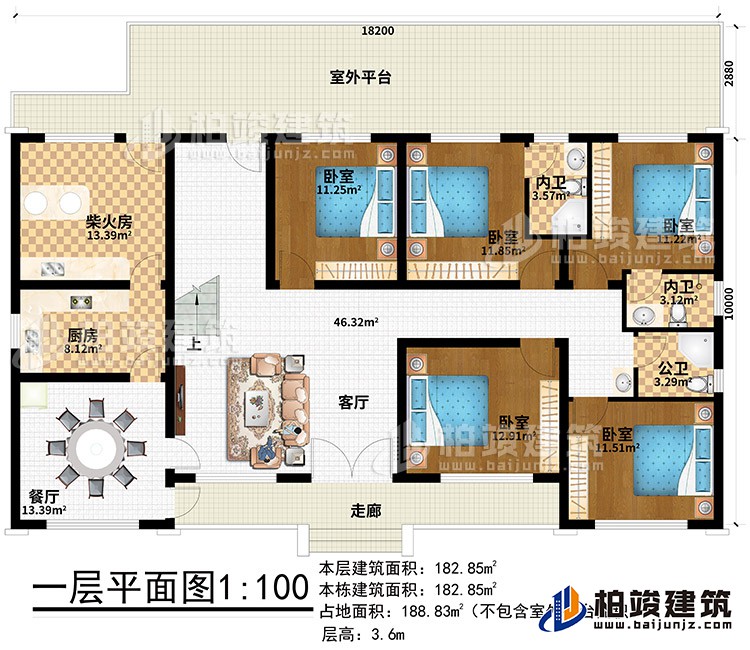 一層：走廊、客廳、餐廳、廚房、柴火房、室外平臺(tái)、5臥室、2內(nèi)衛(wèi)、公衛(wèi)