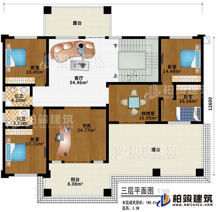 三層：客廳、4臥室、書房、棋牌室、內(nèi)衛(wèi)、公衛(wèi)、陽臺、2露臺