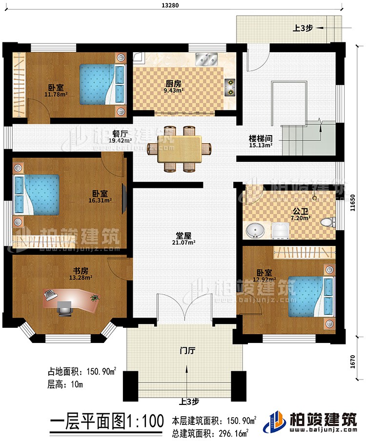 一層：門廳、堂屋、餐廳、廚房、樓梯間、3臥室、書房、公衛(wèi)