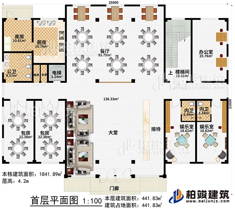 一層：門廊、大堂、接待、2娛樂室、2內(nèi)衛(wèi)、辦公室、樓梯間、餐廳、電梯、電井、水井、廚房、庫房、公衛(wèi)、2包房