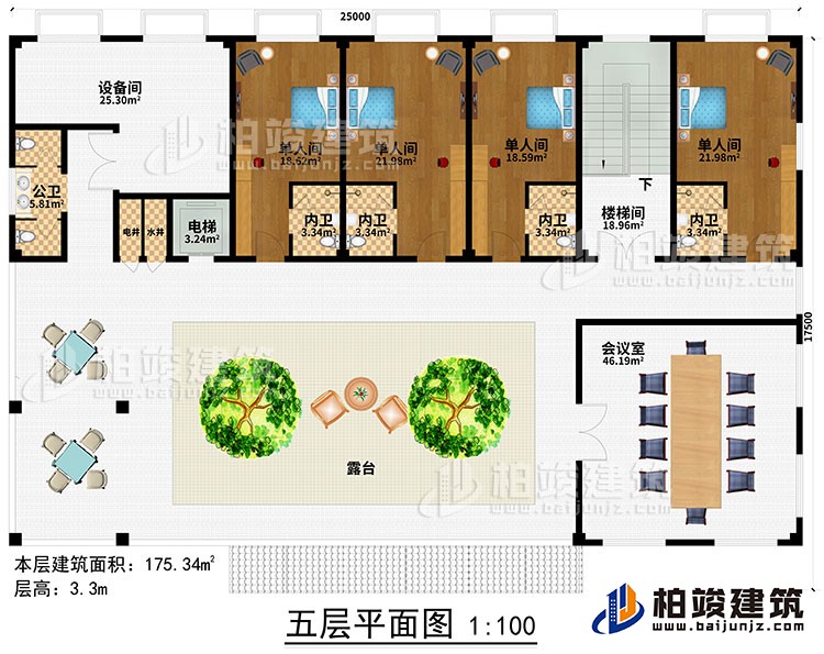 五層：樓梯間、過道、電梯、水井、電井、4單人間、4內(nèi)衛(wèi)、公衛(wèi)、露臺、會議