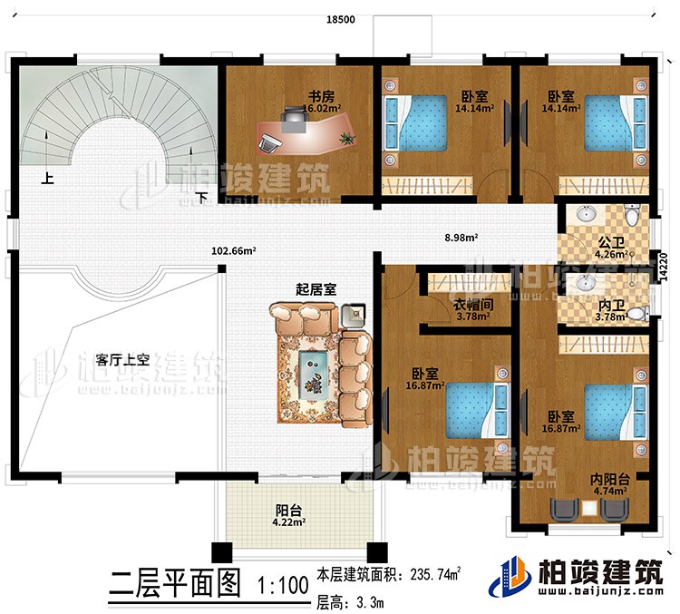 二層：4臥室、起居室、書房、客廳上空、衣帽間、內(nèi)陽臺(tái)、陽臺(tái)、公衛(wèi)、內(nèi)衛(wèi)