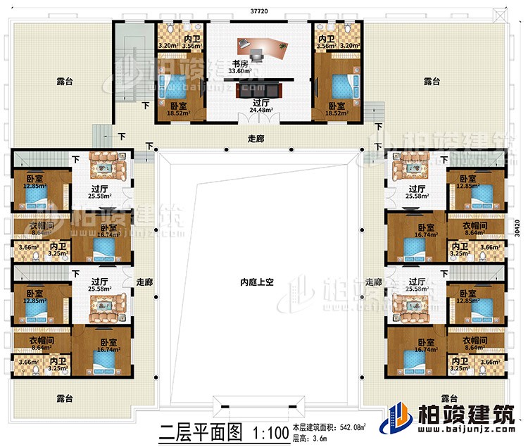 二層：內(nèi)庭上空、5過廳、書房、3走廊、4露臺、10臥室、4衣帽間、6內(nèi)衛(wèi)