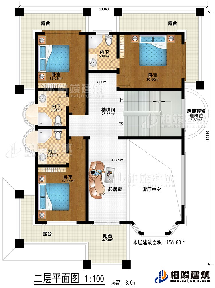 二層：起居室、客廳中空、樓梯間、3臥室、3內(nèi)衛(wèi)、陽臺、3露臺、后期預(yù)留電梯位