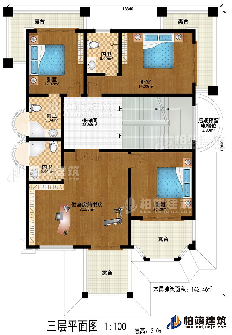 三層：樓梯間、健身房兼書房、3臥室、3內(nèi)衛(wèi)、后期預(yù)留電梯位、4露臺