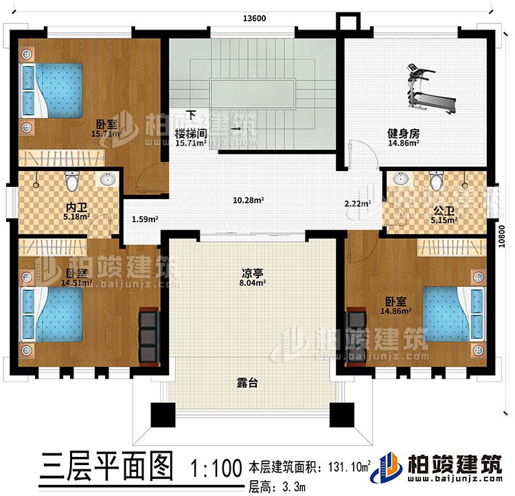 三層：樓梯間、健身房、3臥室、公衛(wèi)、內(nèi)衛(wèi)、涼亭、露臺(tái)