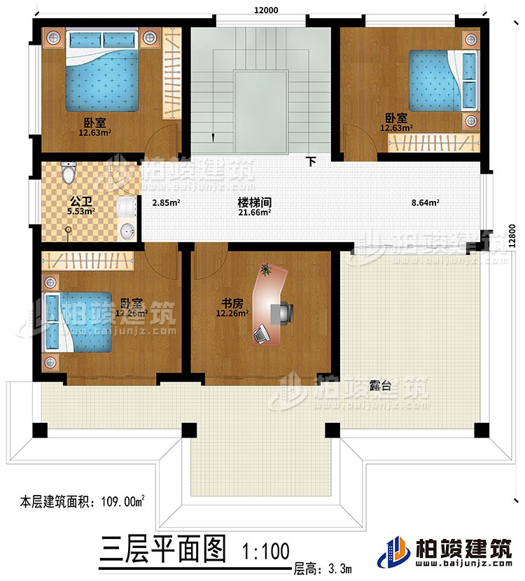 三層：3臥室、樓梯間、書房、公衛(wèi)、露臺(tái)