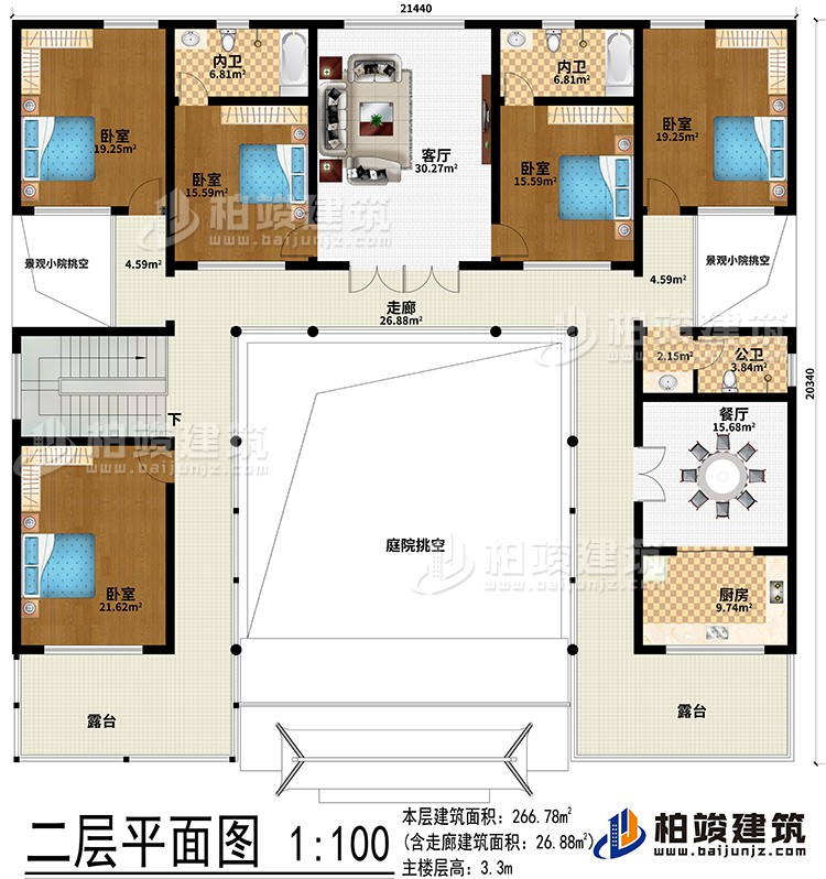 二層：客廳、餐廳、廚房、5臥室、2內(nèi)衛(wèi)、公衛(wèi)、2露臺(tái)、庭院挑空、2景觀小院挑空