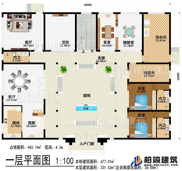 一層：入戶門廊、水池、影壁、庭院、走廊、西廚、廚房、餐廳、吧臺、客廳、堂屋、神龕、茶室、棋牌室、洗衣間、儲藏間、2臥室、3內(nèi)衛(wèi)