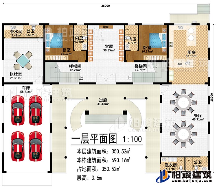 一層：過廊、堂屋、神龕、2樓梯間、廚房、餐廳、棋牌室、車庫、茶水間、2公衛(wèi)、洗衣房、2臥室、2內(nèi)衛(wèi)