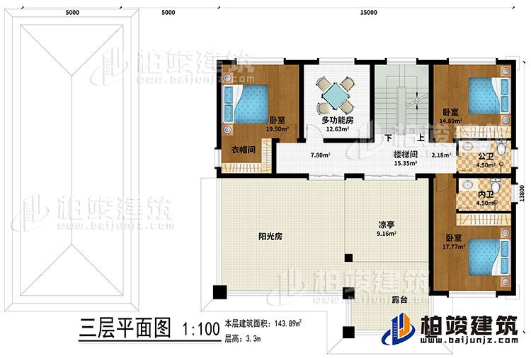 三層：樓梯間、3臥室、多功能房、衣帽間、公衛(wèi)、內(nèi)衛(wèi)、涼亭、陽光房、露臺