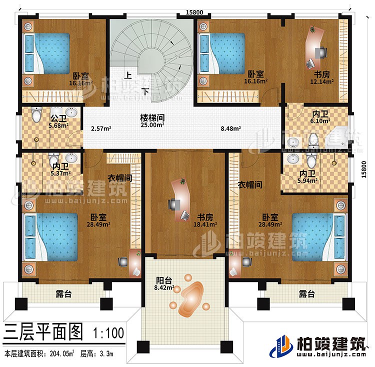 三層：樓梯間、4臥室、2衣帽間、2書房、公衛(wèi)、3內(nèi)衛(wèi)、2露臺、陽臺