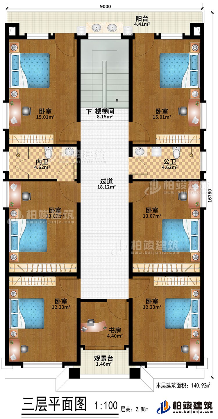 三層：6臥室、過道、樓梯間、書房、觀景臺(tái)、公衛(wèi)、內(nèi)衛(wèi)、陽臺(tái)