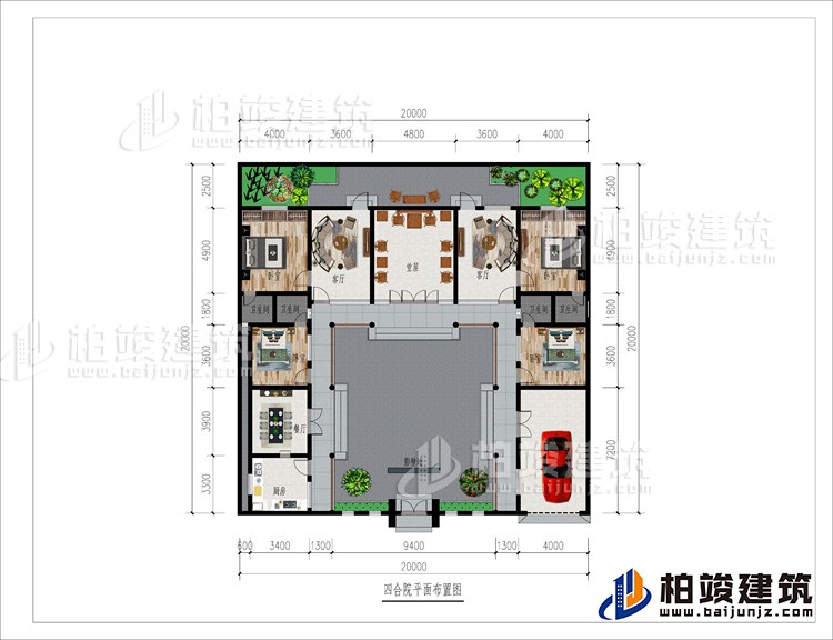 一層：影壁墻、車(chē)庫(kù)、廚房、餐廳、4臥室、4內(nèi)衛(wèi)、2客廳、堂屋、后花園