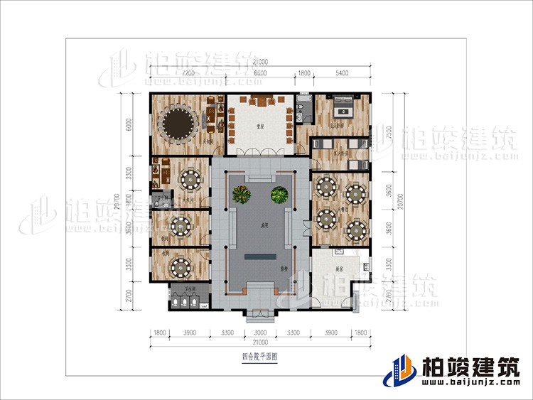 一層：大餐廳、2包間、2大餐廳、2內(nèi)衛(wèi)、堂屋、臥室、工人臥室、公衛(wèi)、庭院、影壁墻