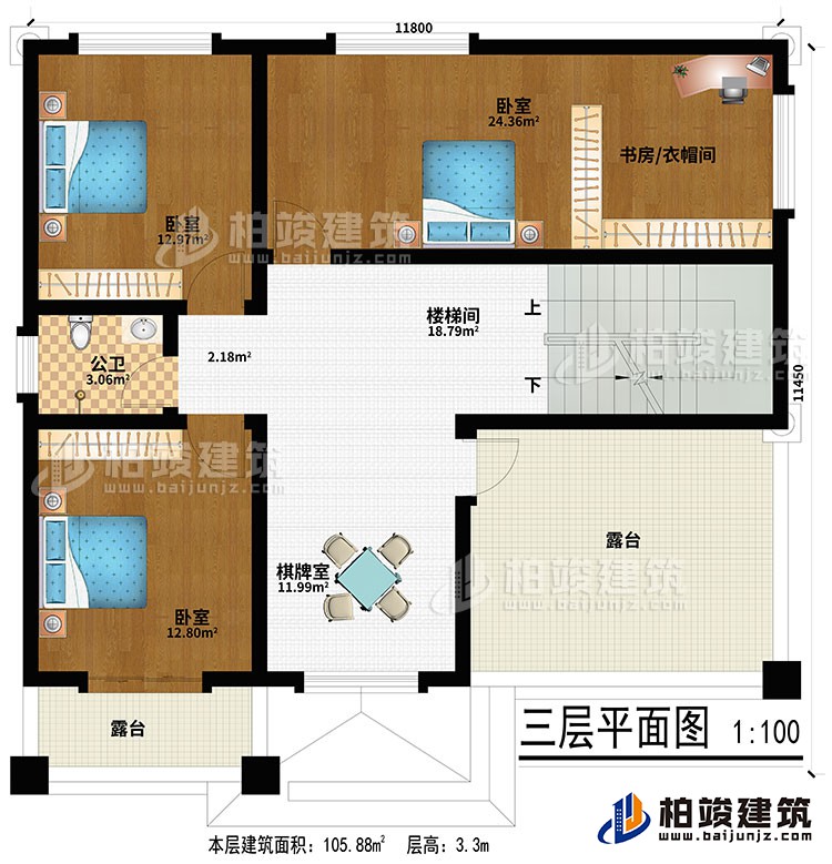 三層：棋牌室、樓梯間、3臥室、書房/衣帽間、公衛(wèi)、2露臺