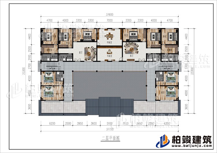 二層：2客廳、2書畫室、公衛(wèi)、10臥室、2衣帽間、4內(nèi)衛(wèi)、2露臺(tái)