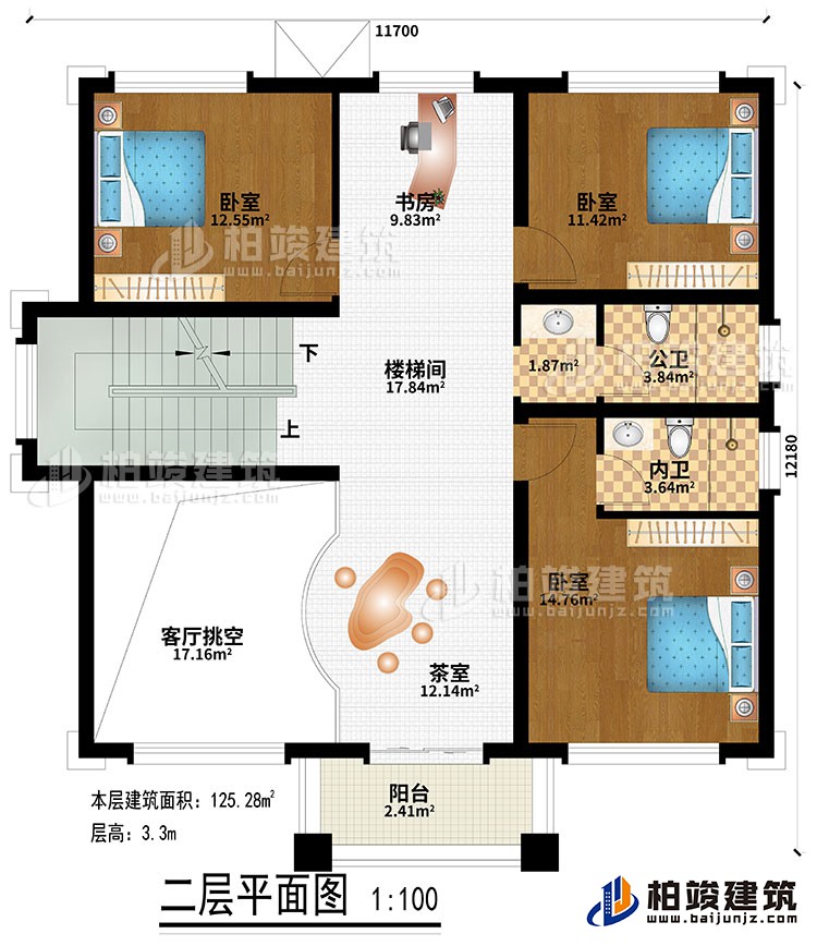 二層：樓梯間、書房、茶室、客廳挑空、3臥室、公衛(wèi)、內(nèi)衛(wèi)、陽臺