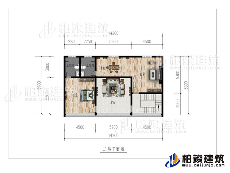 二層：客廳、2臥室、書(shū)房、2內(nèi)衛(wèi)