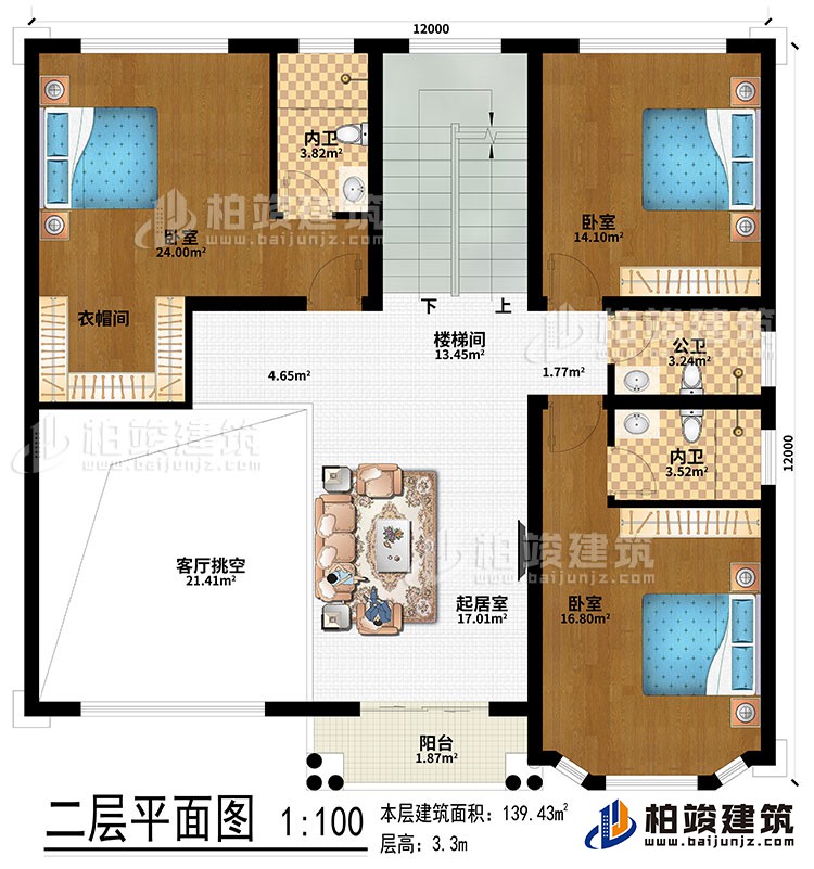 二層：客廳挑空、起居室、樓梯間、3臥室、衣帽間、2內(nèi)衛(wèi)、公衛(wèi)、陽(yáng)臺(tái)