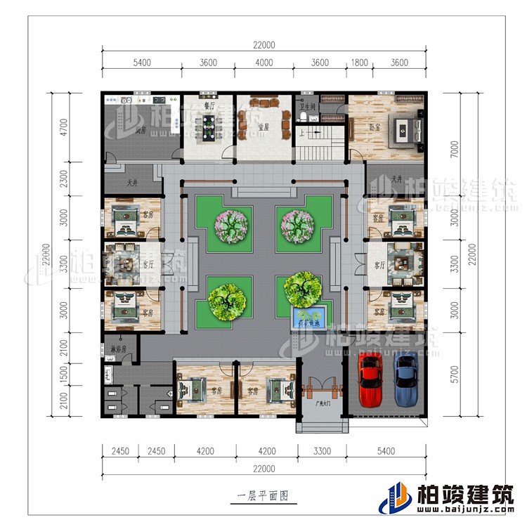 一層：廣亮大門、車庫、書房、公衛(wèi)、7臥室、2客廳、餐廳、廚房、堂屋、2天井、內(nèi)衛(wèi)、荷花魚池