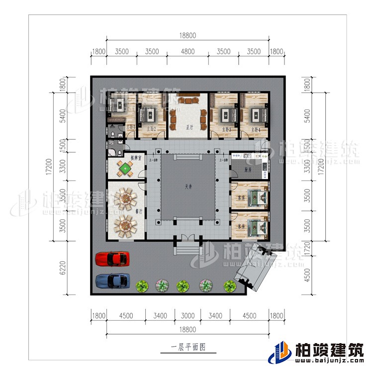 一層：車(chē)庫(kù)、餐廳、棋牌室、廚房、正廳、6臥室、公衛(wèi)、內(nèi)衛(wèi)