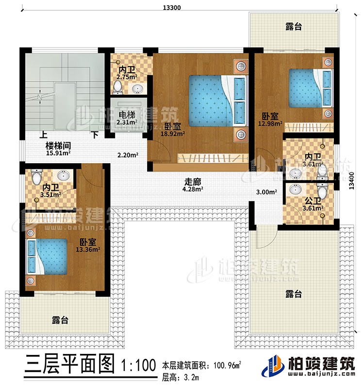 三層：走廊、3臥室、3內(nèi)衛(wèi)、3露臺(tái)、樓梯間、電梯、公衛(wèi)