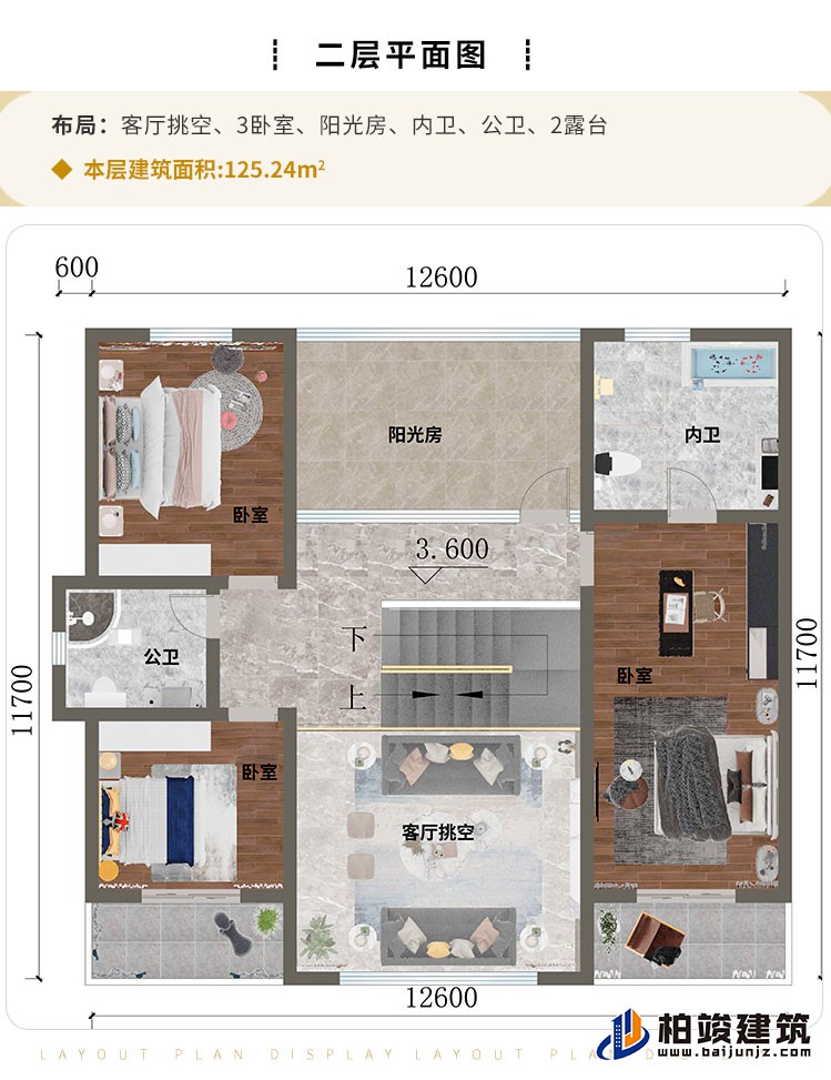 二層：客廳挑空、3臥室、陽光房、內(nèi)衛(wèi)、公衛(wèi)、2露臺